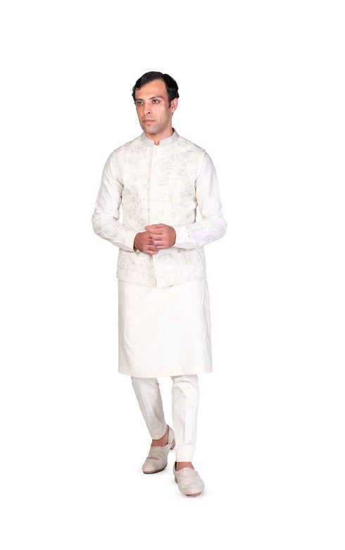 Off-White Faded wallpaper EMB Waistcoat, Kurta and Churidar